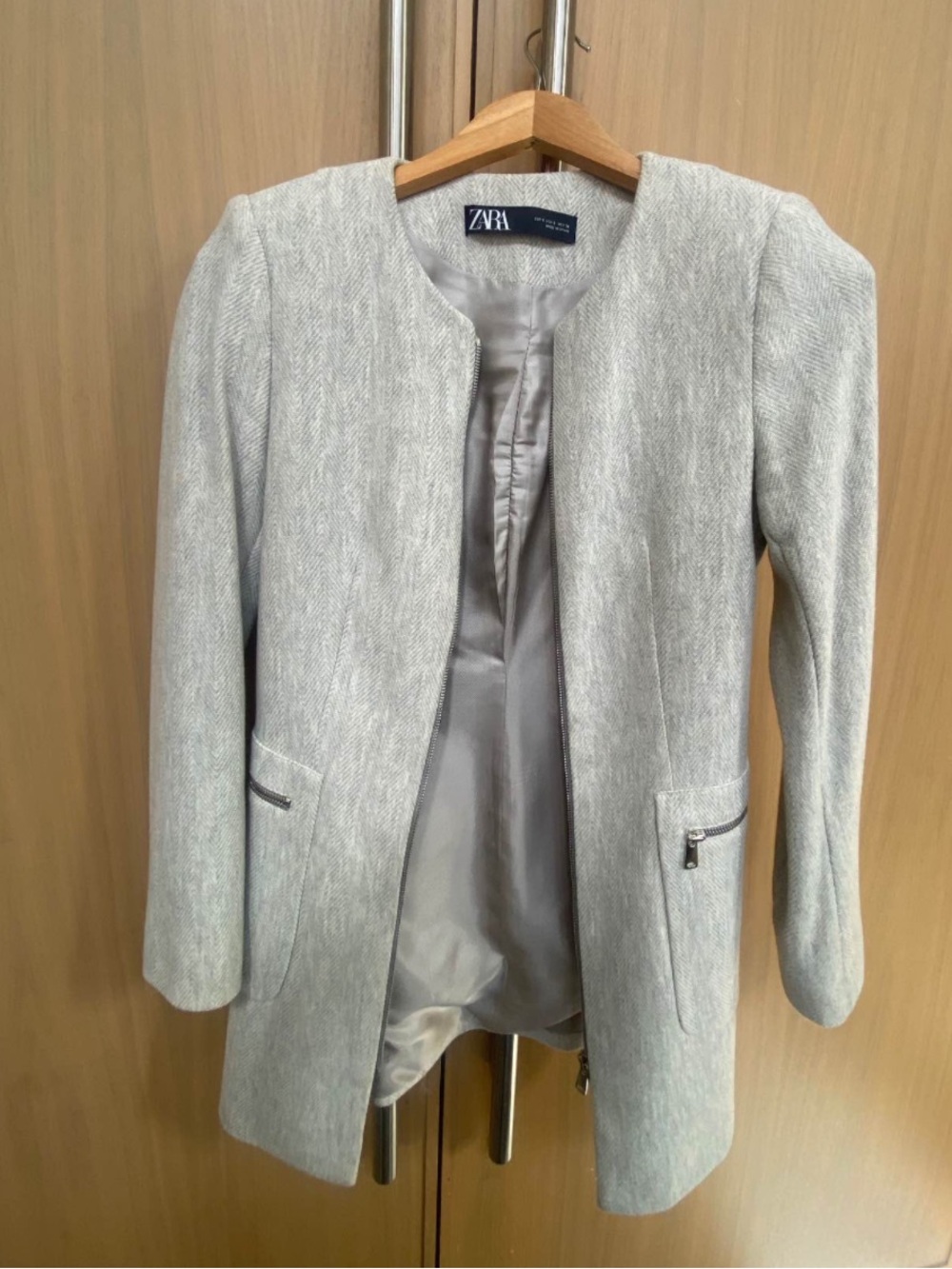 Zara Soft Gray Textured Open-Front Blazer Coat